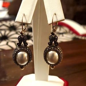 Sterling Silver Judith Jack Pearl & Marcasite Dangle Earrings